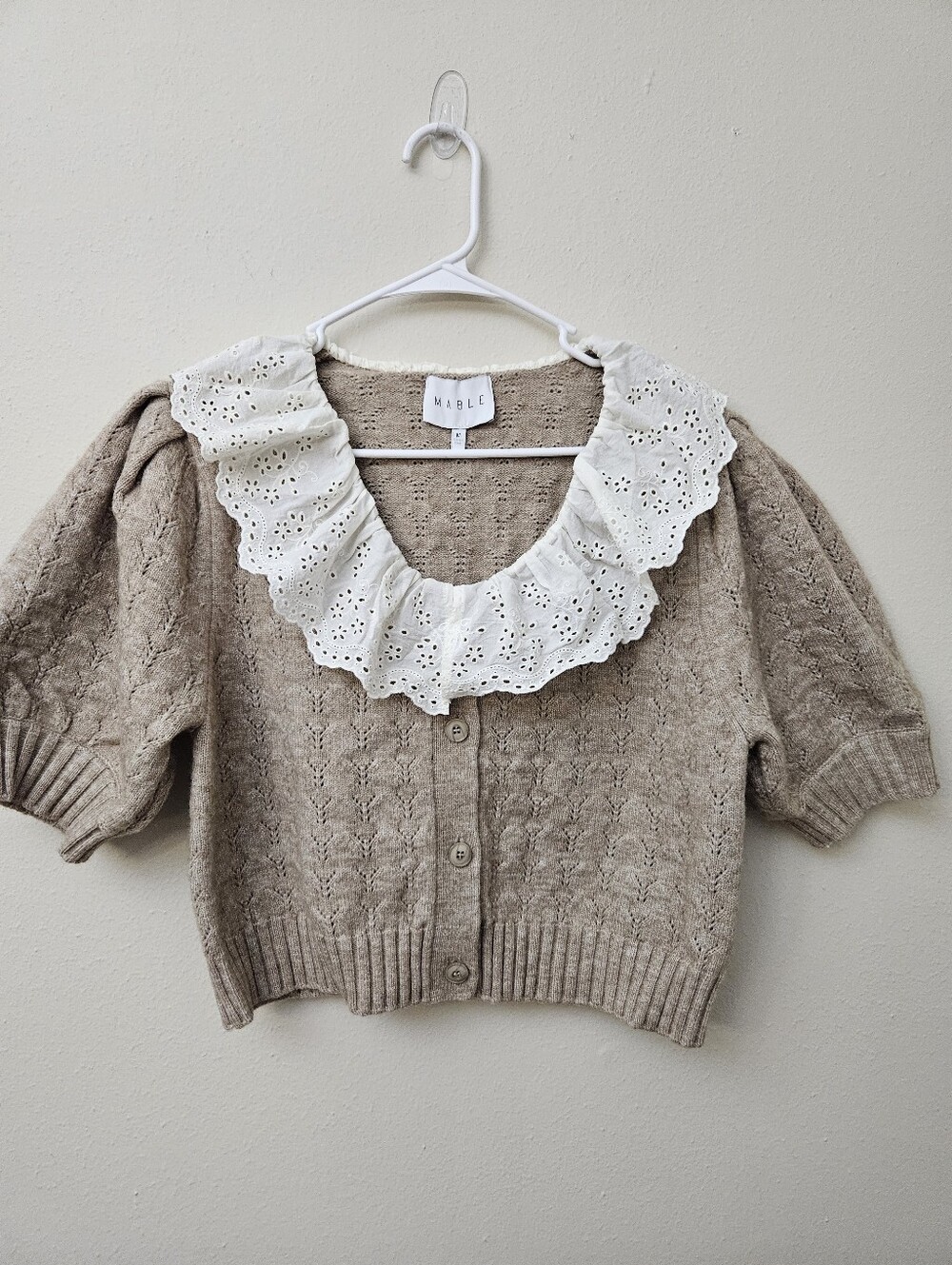 MARBLE Cream Knit Cardigan with White Eyelet Ruffle Collar Size M